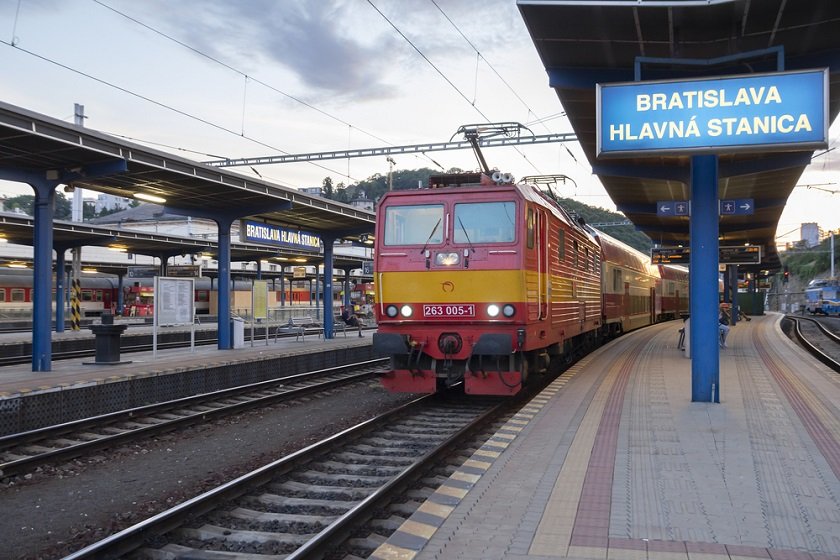 departure of the train from the main train station Hlavna stanica, Bratislava