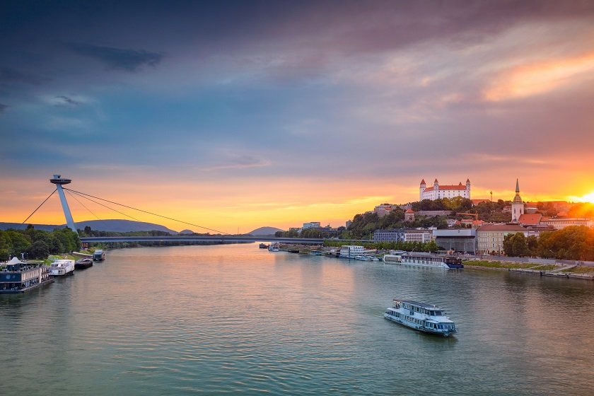 Twin City Liner travelling from Vienna to Bratislava with Bratislava Castle in the background